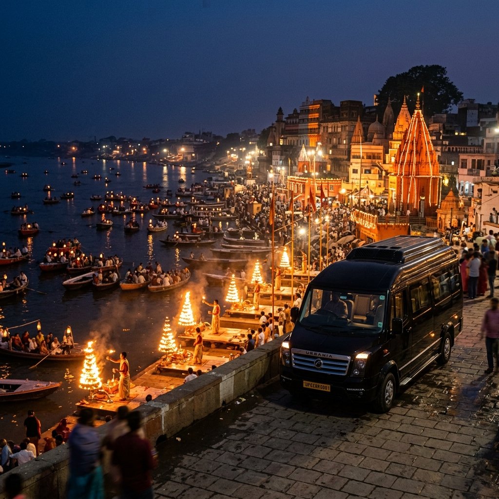Ganga Aarti evening prayer ritual at Dashashwamedh Ghat in Varanasi, Uttar Pradesh – Delhi to Varanasi Urbania on rent for family & group tours